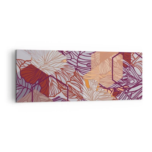 Obraz na płótnie - Dekoracyjny wzór liści tropikalnych w odcieniach fioletu, pomarańczu i beżu - 140x50cm - Związek niemozliwy geometrii i natury - Nowoczesna dekoracja ścienna do salonu i sypialni ARTTOR