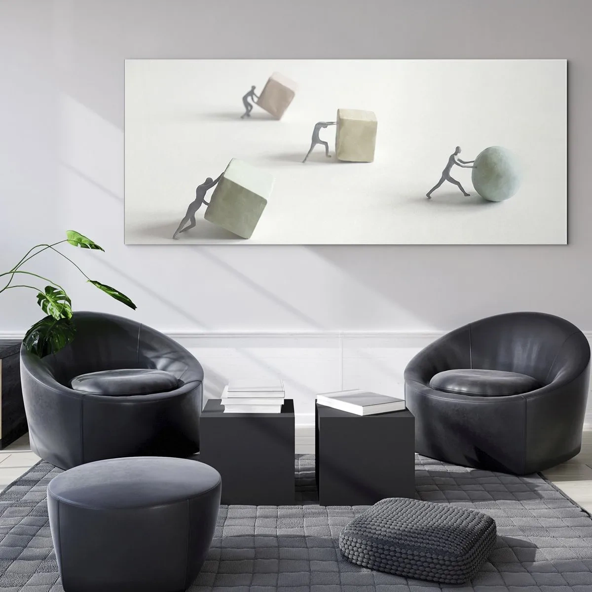 Obraz na szkle - Miniaturowe postacie pchające kształty na jasnym tle - 120x50cm - Samo życie - Nowoczesna dekoracja ścienna do salonu i sypialni ARTTOR