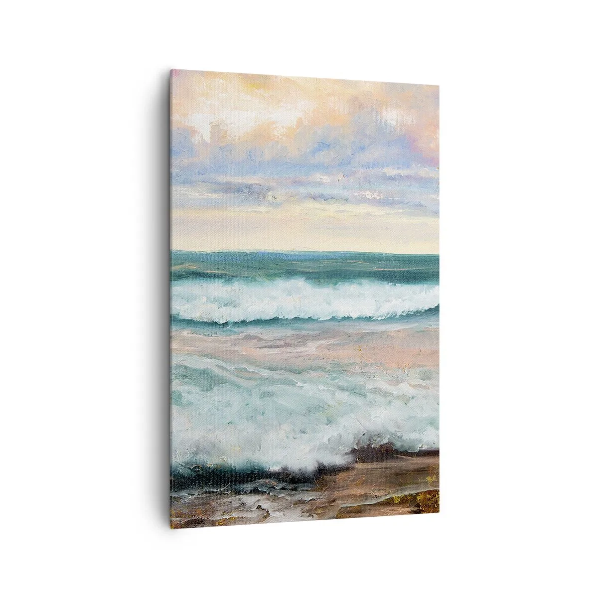 Obraz na płótnie - Morskie fale na tle zachmurzonego nieba o zachodzie słońca - 80x120cm - Tutaj wygładzisz duszę - Nowoczesna dekoracja ścienna do salonu i sypialni ARTTOR