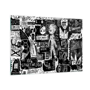 Obraz na szkle - Czarno-biała grafika w stylu street art z postaciami i symbolami - 100x70cm - Duchowej młodości prawa i radości - Nowoczesna dekoracja ścienna do salonu, kuchni i sypialni ARTTOR