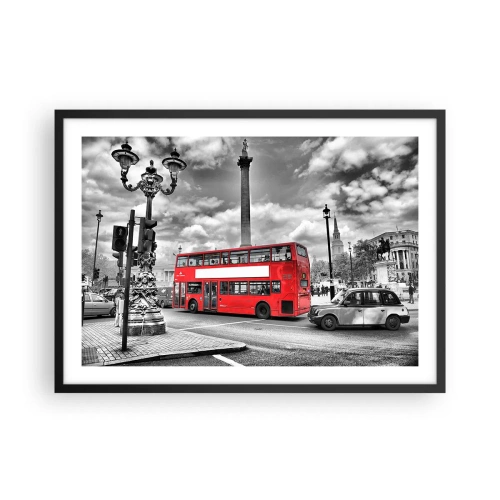 Plakat w czarnej ramie - Czerwony piętrowy autobus na tle czarno-białego miasta - 70x50cm - Prawdziwy krwioobieg miasta - Nowoczesna dekoracja ścienna do salonu i sypialni ARTTOR