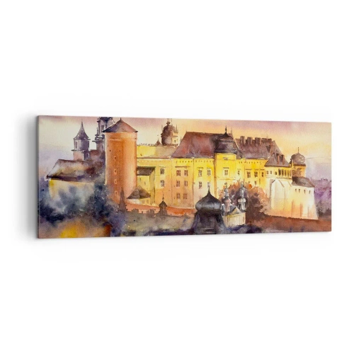 Obraz na płótnie - Malowniczy obraz zamku o zachodzie słońca w akwarelowym stylu - 140x50cm - Historia i baśń - Nowoczesna dekoracja ścienna do salonu i sypialni ARTTOR