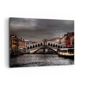 Obraz na płótnie - Most Rialto w Wenecji nad Kanałem Grande, klasyczna architektura. - 100x70cm - Obietnica weneckiego wieczoru - Nowoczesna dekoracja ścienna do salonu, kuchni i sypialni ARTTOR