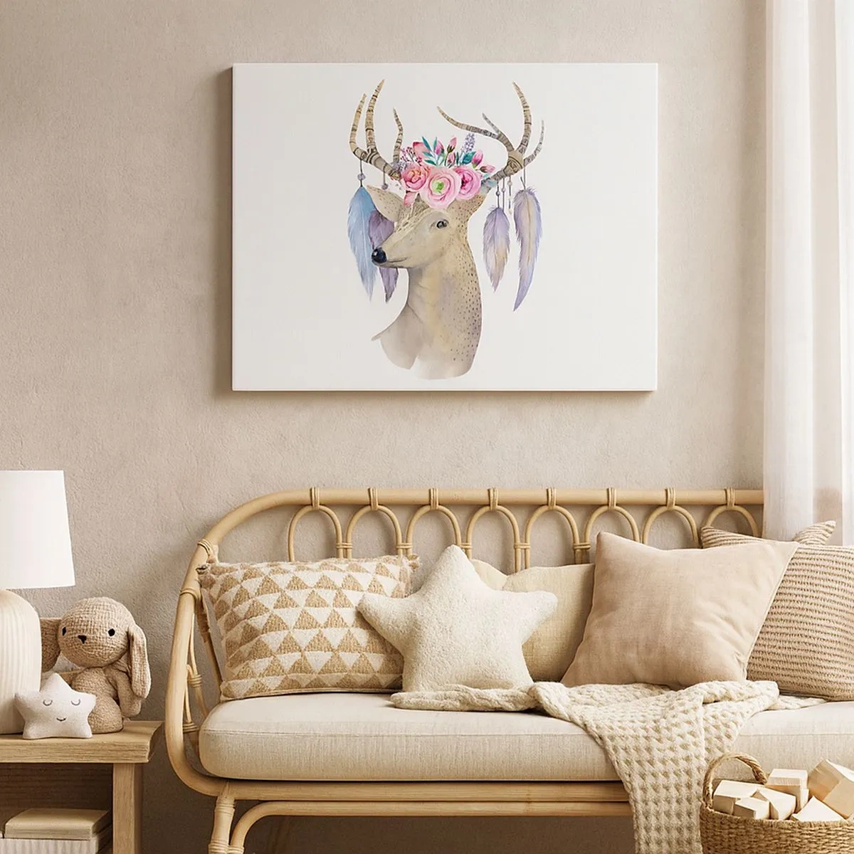 Obraz na płótnie - Romantyczna grafika jelenia z kwiatami i piórami - 70x50cm - Przewodnik duszy - delikatny, niewinny - Nowoczesna dekoracja ścienna do salonu i sypialni ARTTOR