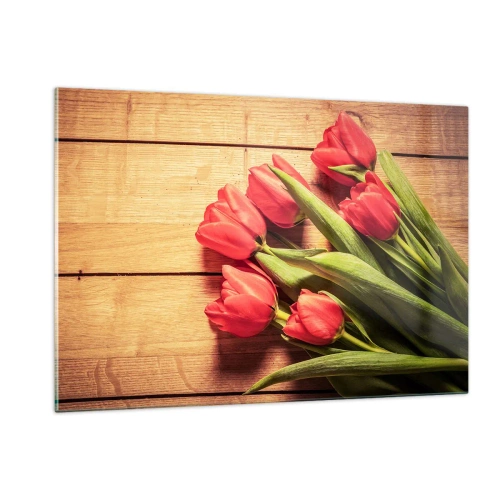 Obraz na szkle - Czerwone tulipany na drewnianej desce - 120x80cm - Wiosenne wyznanie - Nowoczesna dekoracja ścienna do salonu, kuchni i sypialni ARTTOR