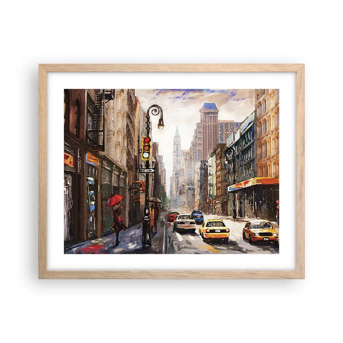 Plakat w ramie jasny dąb - Nowy Jork – w deszczu tez kolorowy - 50x40 cm