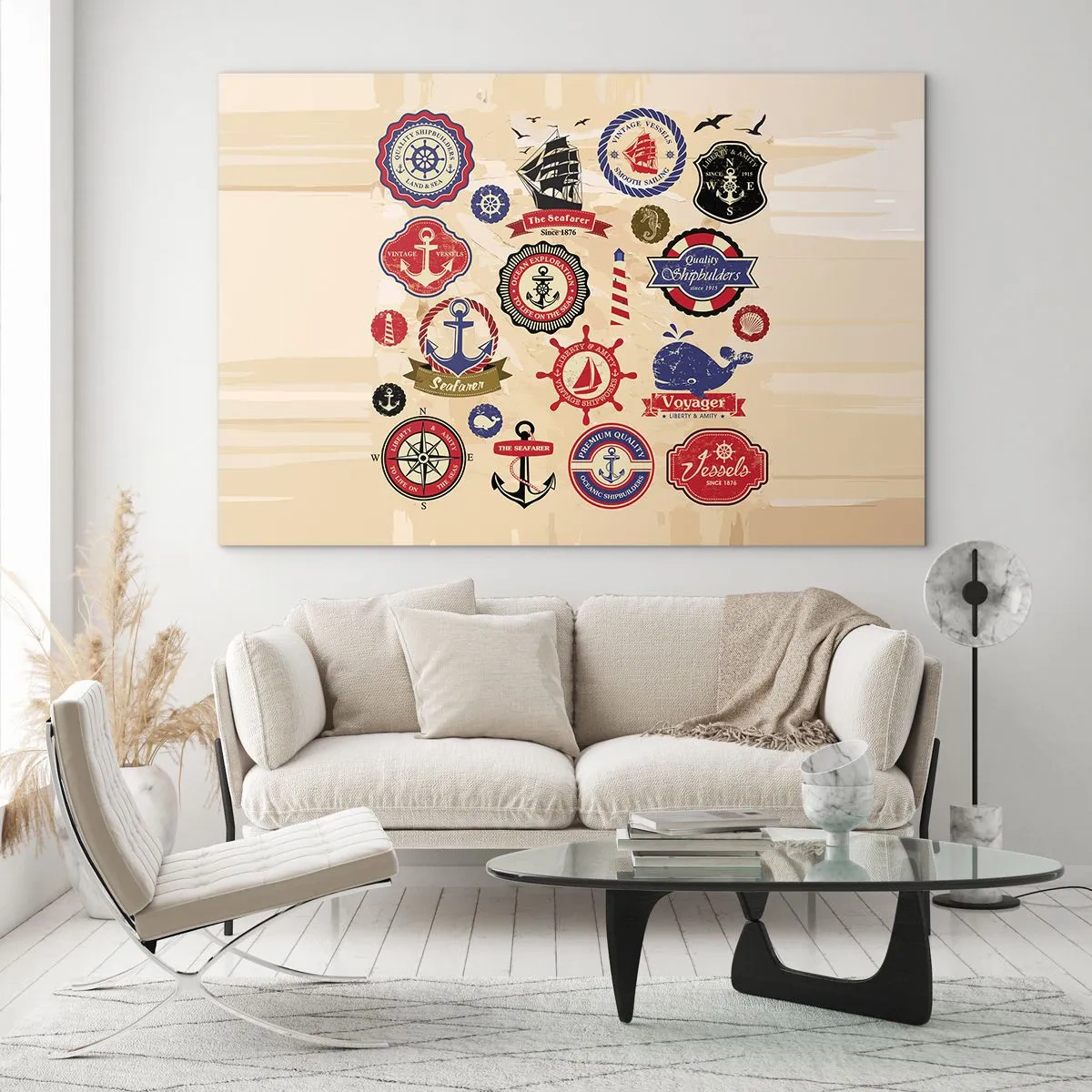 Obraz na szkle - Marynistyczne emblematy i symbole na beżowym tle - 70x50cm - Żeglarskie braterstwo - Nowoczesna dekoracja ścienna do salonu i sypialni ARTTOR