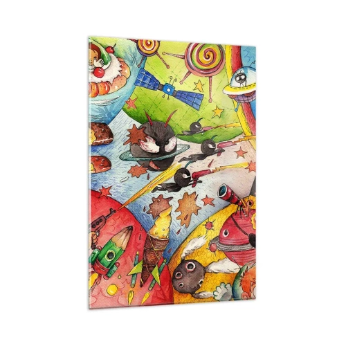 Obraz na szkle - Kolorowa scena kosmiczna pełna dzieci i statków kosmicznych - 80x120cm - Wielka kosmiczna przygoda - Nowoczesna dekoracja ścienna do salonu i sypialni ARTTOR