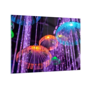 Obraz na szkle - Kolorowe świetlne struktury przypominające meduzy - 70x50cm - Świetlna fontanna - Nowoczesna dekoracja ścienna do salonu i sypialni ARTTOR