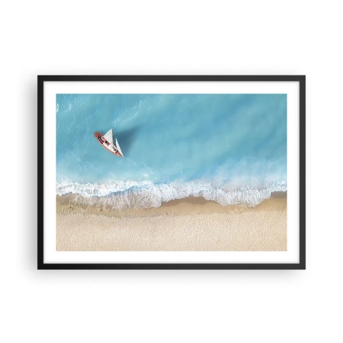 Plakat w czarnej ramie - Łódka przy plaży w widoku z lotu ptaka - 70x50cm - Na granicy błękitu i złota - Nowoczesna dekoracja ścienna do salonu i sypialni ARTTOR