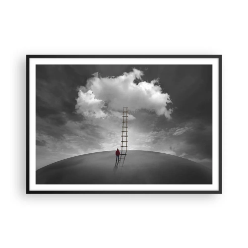 Plakat w czarnej ramie - Osoba w czerwonym płaszczu i drabina prowadząca do chmury - 100x70cm - Wszystko możliwe - Nowoczesna dekoracja ścienna do salonu i sypialni ARTTOR