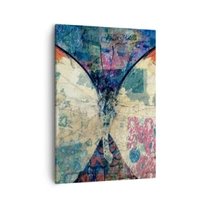Obraz na płótnie - Motyl w stylu vintage na tle tekstur i geometrycznych wzorów - 50x70cm - Subtelna kruchość - Nowoczesna dekoracja ścienna do salonu, kuchni i sypialni ARTTOR