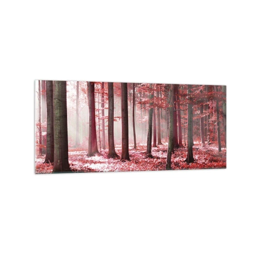 Obraz na szkle - Zachwycający las w czerwonych barwach z promieniami światła przenikającymi przez drzewa - 120x50cm - Czerwony równie piękny - Nowoczesna dekoracja ścienna do salonu i sypialni ARTTOR