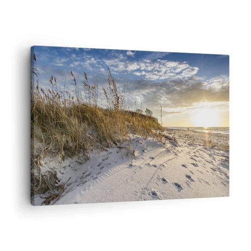 Obraz na płótnie - Wydmy z trawą i ślady na piasku przy zachodzie słońca - 70x50cm - Zaproszenie na spacer - Nowoczesna dekoracja ścienna do salonu i sypialni ARTTOR
