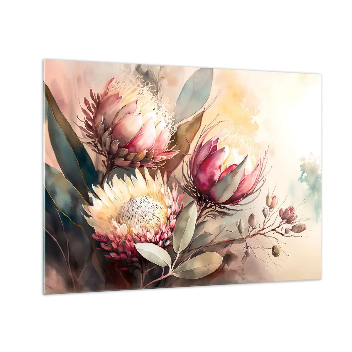 Obraz na szkle - Kwiaty protei w pastelowych barwach na artystycznym tle - 70x50cm - Z profilu i en face - Nowoczesna dekoracja ścienna do salonu i sypialni ARTTOR