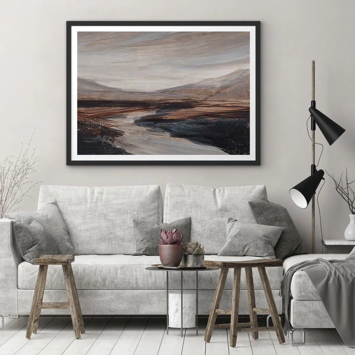 Plakat w czarnej ramie - Malowniczy krajobraz z rzeką i górami - 70x50cm - Spokojna dolina - Nowoczesna dekoracja ścienna do salonu i sypialni ARTTOR