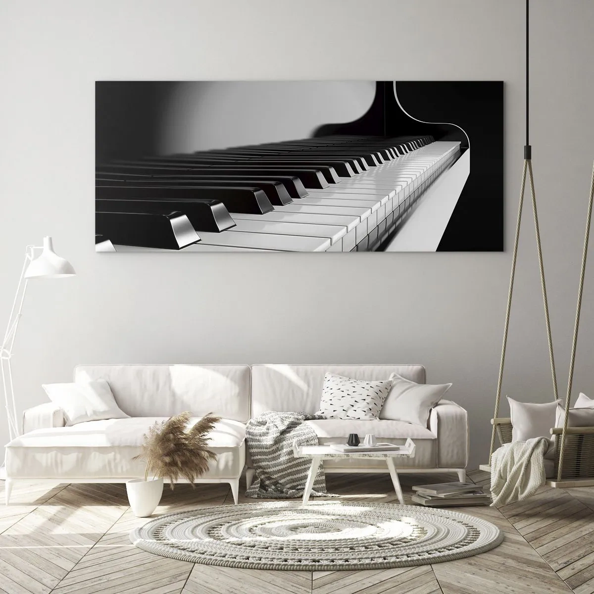 Obraz na szkle - Fortepianowe klawisze w eleganckim czarno-białym ujęciu - 120x50cm - Harmonia kształtów i barw - Nowoczesna dekoracja ścienna do salonu i sypialni ARTTOR