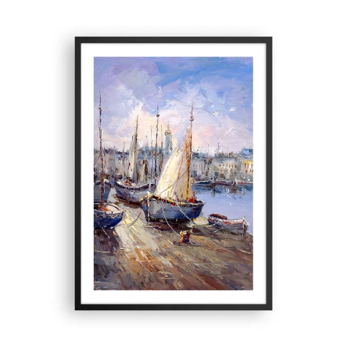 Plakat w czarnej ramie - Żaglówki w malowniczym porcie oświetlonym promieniami słońca - 50x70cm - Miasto nad zatoką - Nowoczesna dekoracja ścienna do salonu i sypialni ARTTOR