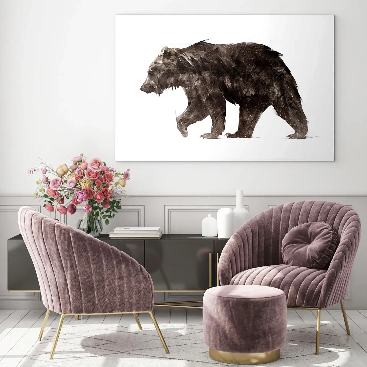 Obraz na szkle - Artystyczne przedstawienie brunatnego misia w odcieniach brązu i czerni - 70x50cm - Zawsze noszę prawdziwe futro! - Nowoczesna dekoracja ścienna do salonu i sypialni ARTTOR