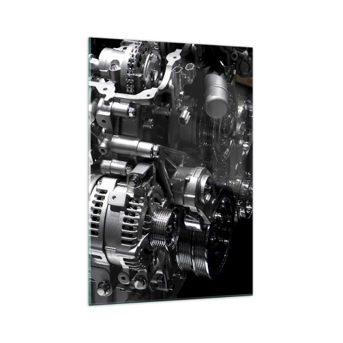 Obraz na szkle - Metalowe części silnika w zbliżeniu na czarnym tle - 70x100cm - Stalowy, piękny, silny - Nowoczesna dekoracja ścienna do salonu i sypialni ARTTOR