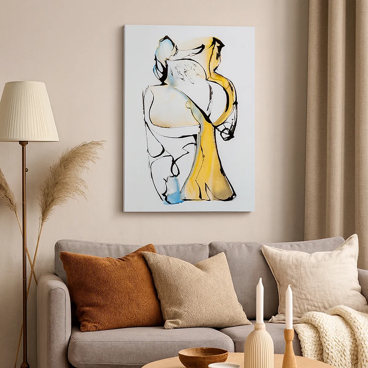 Obraz na płótnie - Abstrakcyjna kompozycja sylwetek w żółto-niebieskich odcieniach - 50x70cm - Abstrakcja szklana - Nowoczesna dekoracja ścienna do salonu, kuchni i sypialni ARTTOR