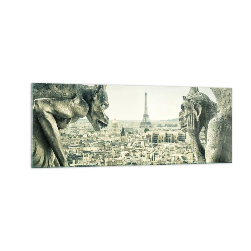 Obraz na szkle - Gargulce z widokiem na panoramę Paryża i wieżę Eiffla - 140x50cm - Paryskie pogaduchy - Nowoczesna dekoracja ścienna do salonu i sypialni ARTTOR