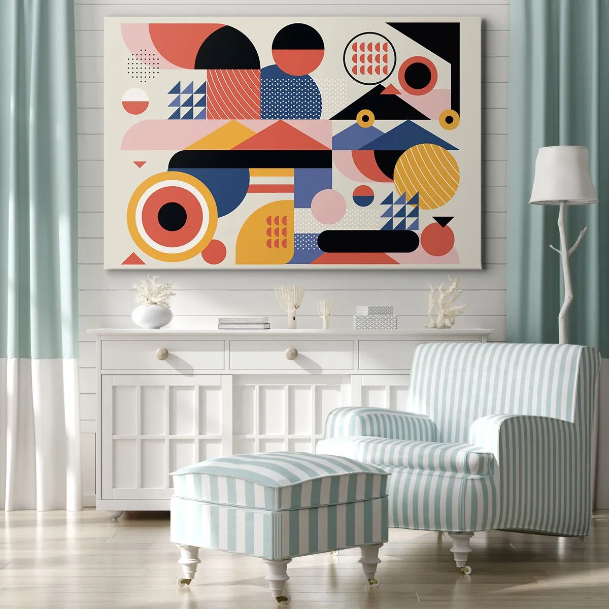 Obraz na płótnie - Kolorowe geometryczne kształty w stylu retro - 100x70cm - Kompozycja: pobaw się - Nowoczesna dekoracja ścienna do salonu, kuchni i sypialni ARTTOR