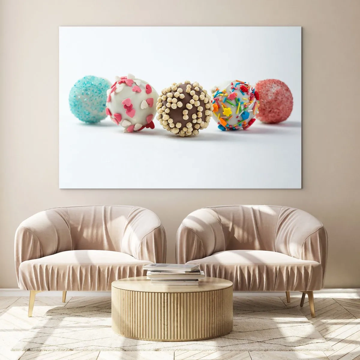 Obraz na szkle - Kolorowe trufle deserowe w ozdobnych posypkach - 70x50cm - Życie może być słodkie - Nowoczesna dekoracja ścienna do salonu i sypialni ARTTOR