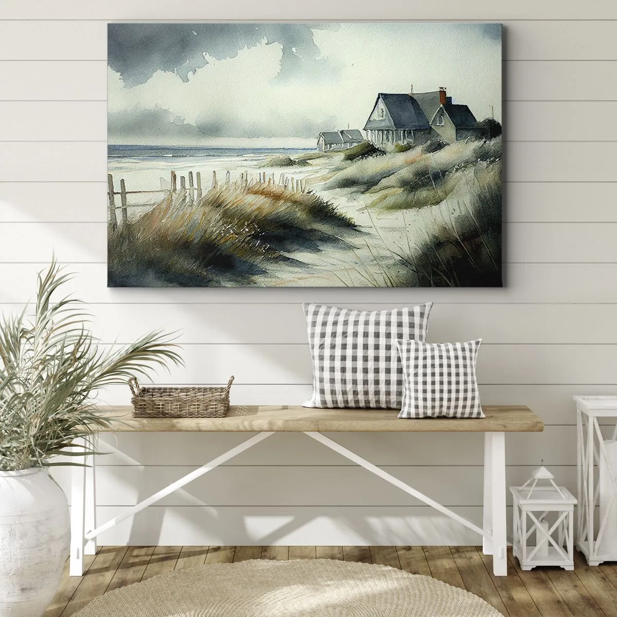 Obraz na płótnie - Dom nadmorski otoczony trawami i widokiem na morze - 70x50cm - Z dala od zgiełku - Nowoczesna dekoracja ścienna do salonu i sypialni ARTTOR