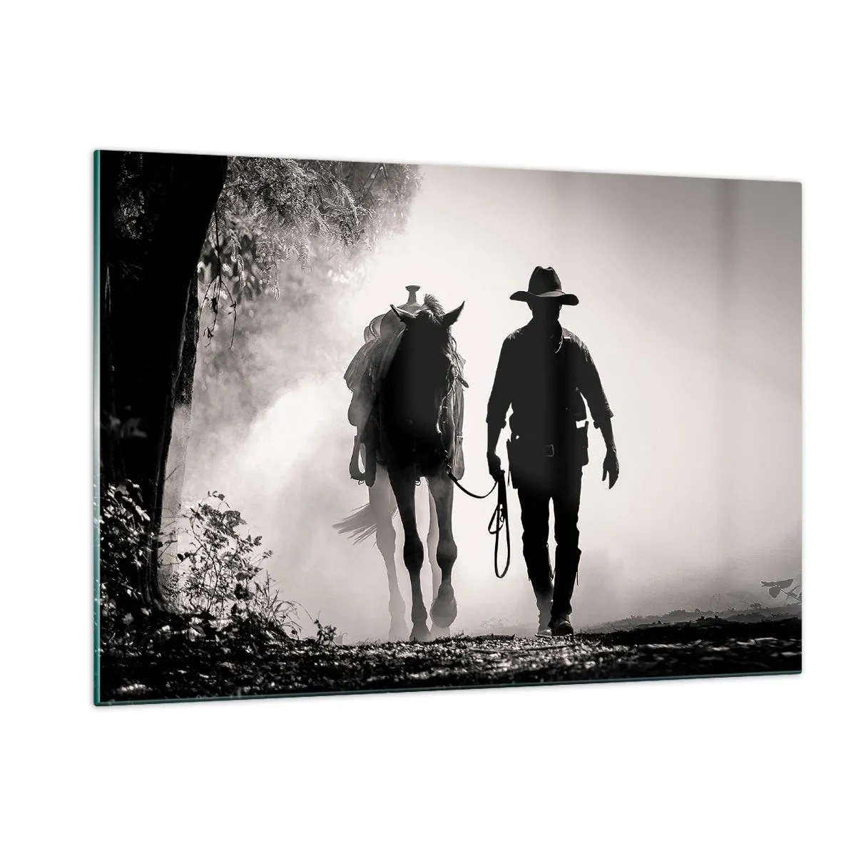 Obraz na szkle - Silhouette of a cowboy leading a horse through a misty landscape - 120x80cm - Teksański poranek - Nowoczesna dekoracja ścienna do salonu, kuchni i sypialni ARTTOR
