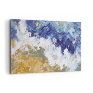 Obraz na płótnie - Abstrakcja w odcieniach błękitu, bieli i złota - 100x70cm - Taniec żywiołów - Nowoczesna dekoracja ścienna do salonu, kuchni i sypialni ARTTOR