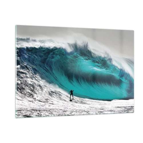 Obraz na szkle - Surfer przed olbrzymią falą - 120x80cm - Wyzwanie przyjęte - Nowoczesna dekoracja ścienna do salonu, kuchni i sypialni ARTTOR