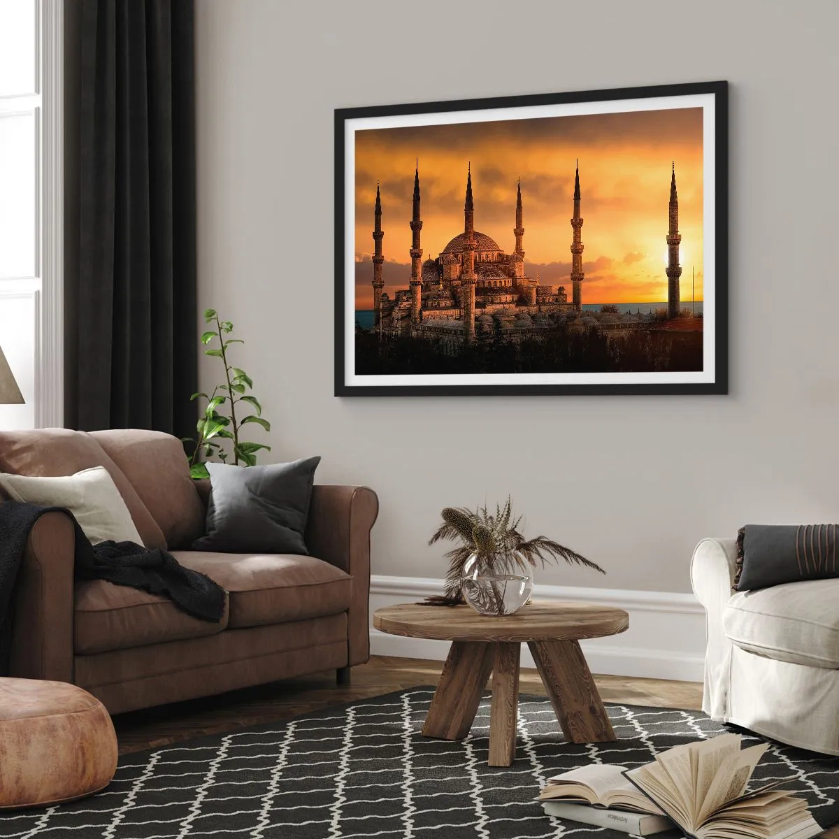 Plakat w czarnej ramie - Meczet o zachodzie słońca w ciepłych barwach - 100x70cm - Bóg jest wielki - Nowoczesna dekoracja ścienna do salonu i sypialni ARTTOR