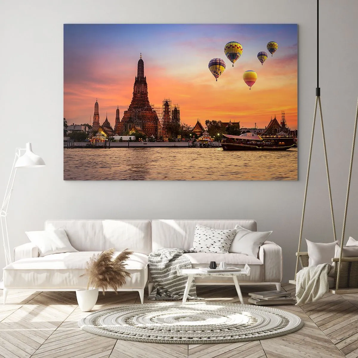 Obraz na szkle - Świątynia nad rzeką o zachodzie słońca z balonami - 70x50cm - Tutaj rodzą się baśnie - Nowoczesna dekoracja ścienna do salonu i sypialni ARTTOR