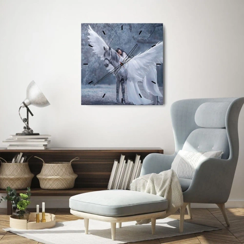Zegar ścienny - Kobieta na białym koniu ze skrzydłami w magicznym lesie - 30x30cm - Natchniona chwila - Nowoczesna dekoracja ścienna do salonu i sypialni ARTTOR
