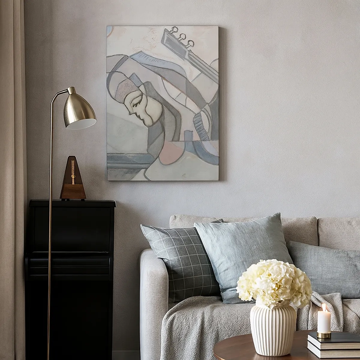 Obraz na płótnie - Kubistyczna interpretacja kobiecego portretu z gitarą w stonowanej kolorystyce - 50x70cm - We władzy muzyki - Nowoczesna dekoracja ścienna do salonu, kuchni i sypialni ARTTOR