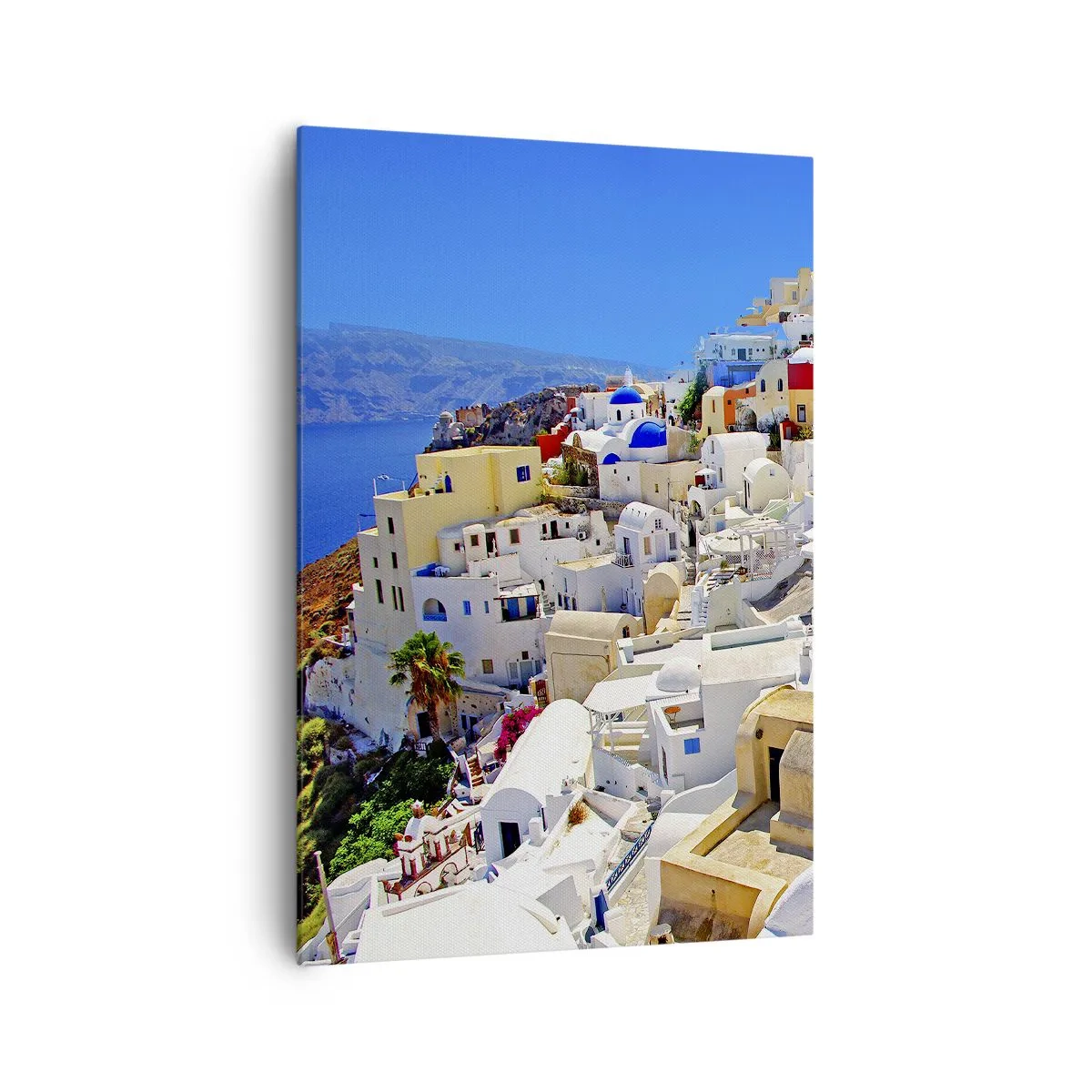 Obraz na płótnie - Panorama Santorini z białymi domami i błękitnym niebem - 70x100cm - Marzenie o greckim lecie - Nowoczesna dekoracja ścienna do salonu i sypialni ARTTOR