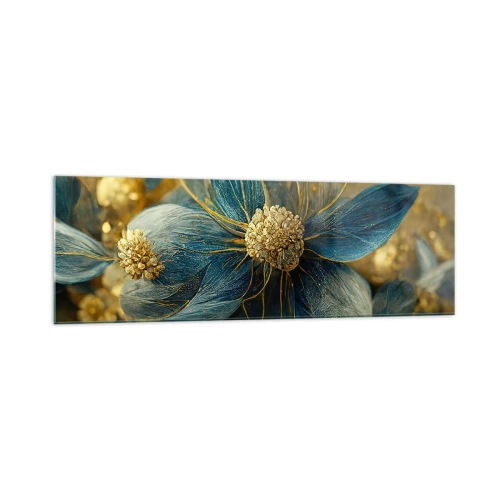 Obraz na szkle - Eleganckie kwiaty w odcieniach niebieskiego i złota - 160x50cm - Zakwitnąć złotem - Nowoczesna dekoracja ścienna do salonu i sypialni ARTTOR