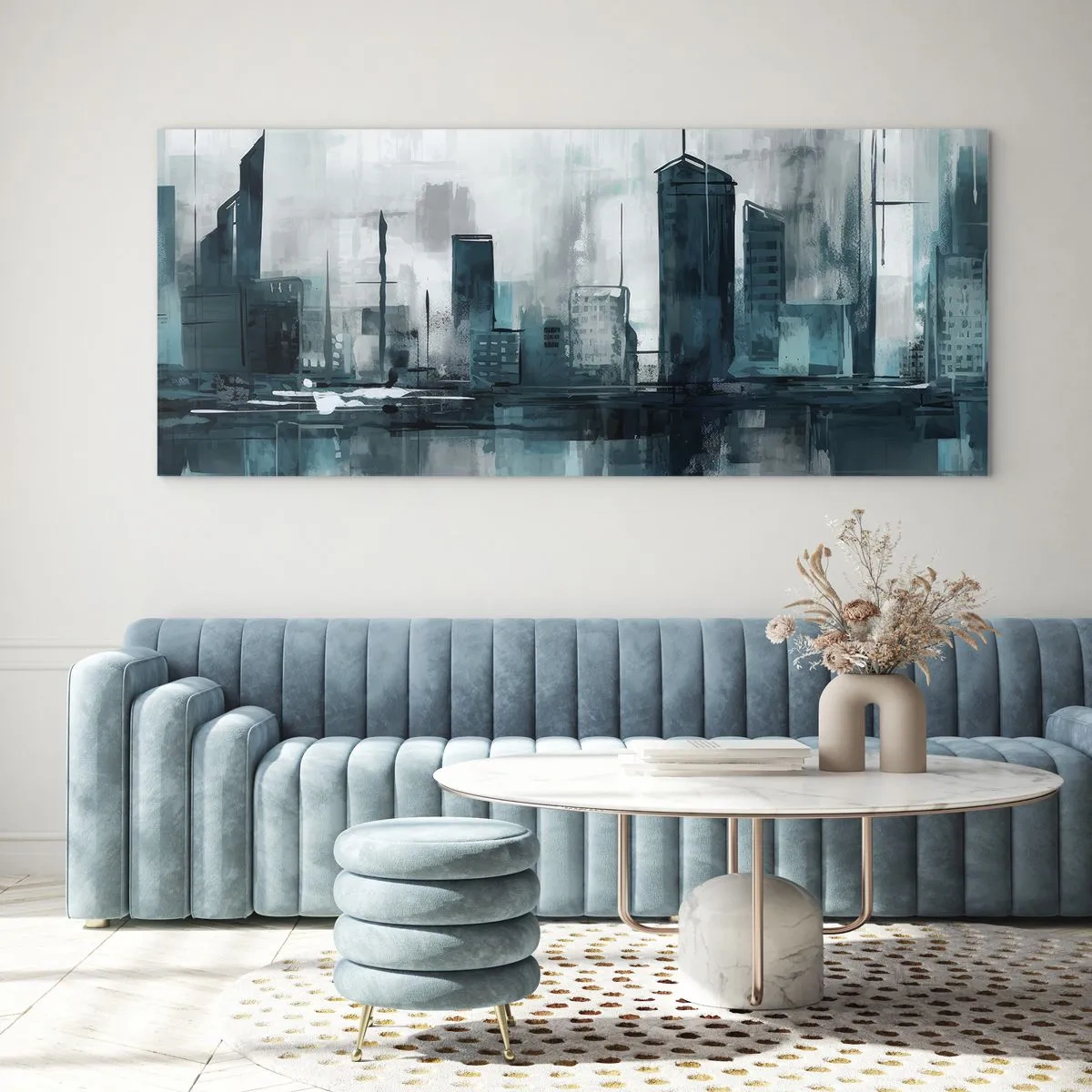 Obraz na szkle - Nowoczesne miasto w odcieniach turkusu i szarości - 120x50cm - Miasto w kolorze deszczu - Nowoczesna dekoracja ścienna do salonu i sypialni ARTTOR