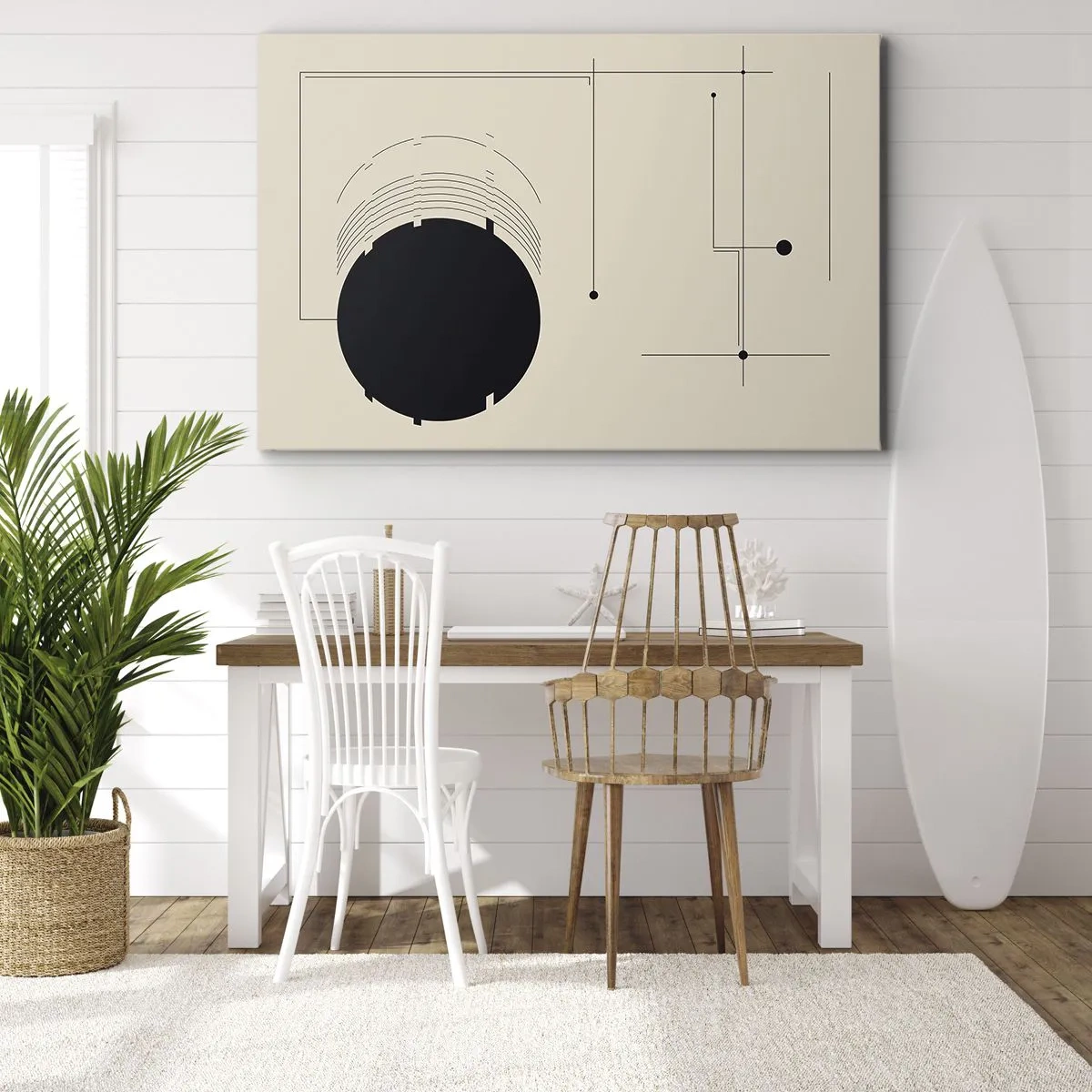 Obraz na płótnie - Czarne geometryczne linie i okrąg na beżowym tle - 70x50cm - Sprężysta i dynamiczna kompozycja - Nowoczesna dekoracja ścienna do salonu i sypialni ARTTOR