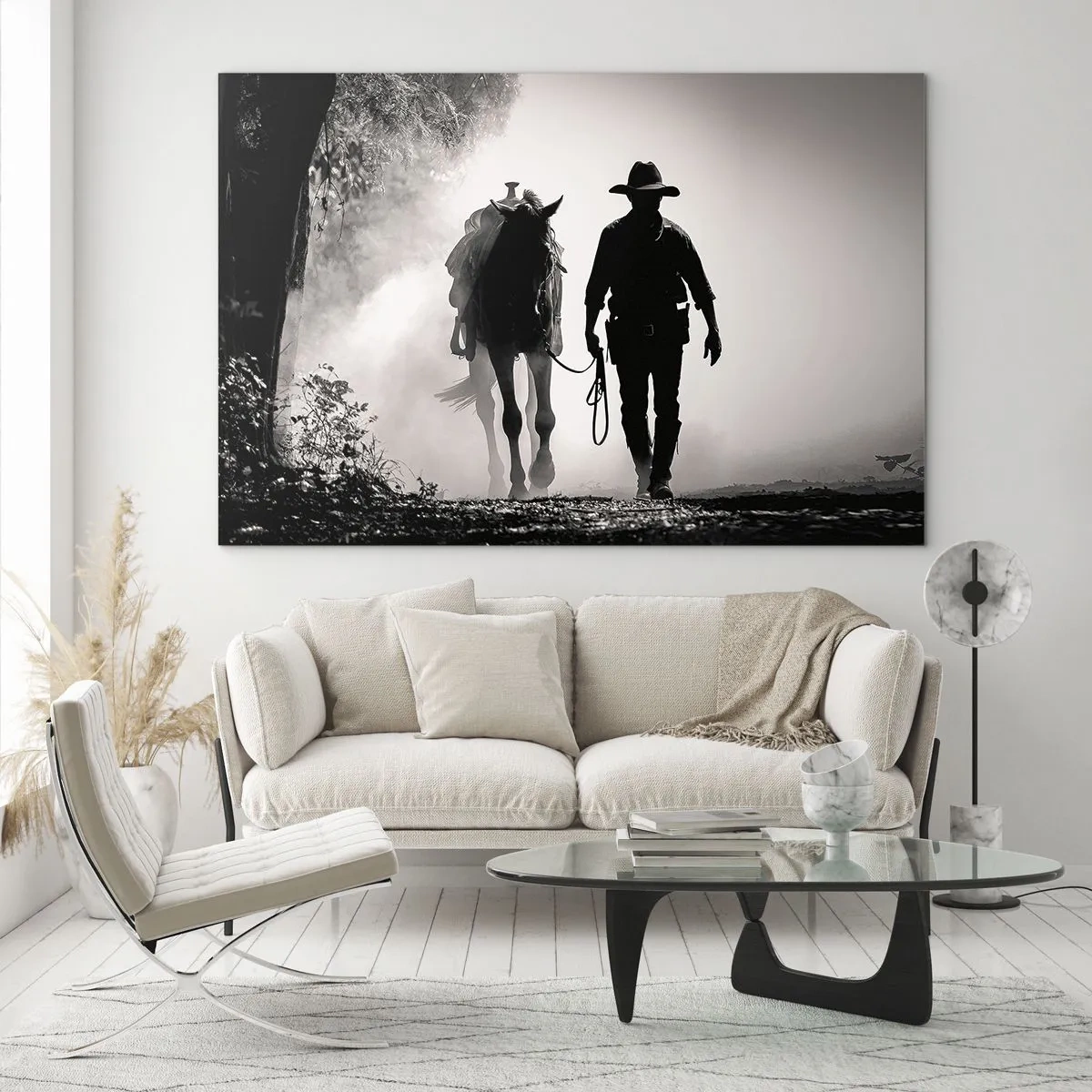 Obraz na szkle - Silhouette of a cowboy leading a horse through a misty landscape - 100x70cm - Teksański poranek - Nowoczesna dekoracja ścienna do salonu, kuchni i sypialni ARTTOR
