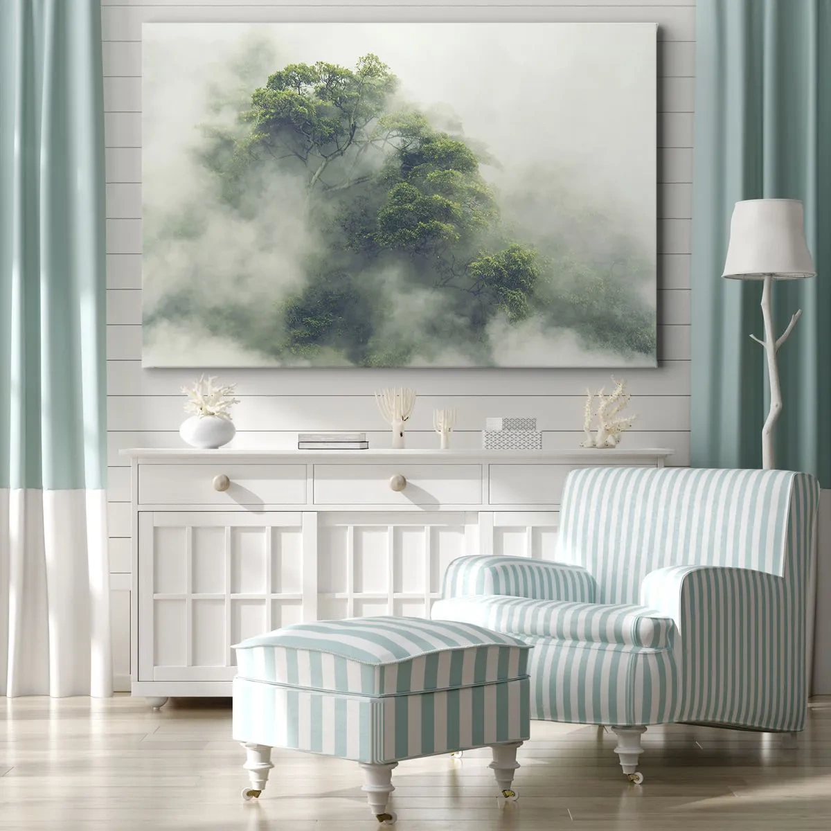 Obraz na płótnie - Zielone drzewa w gęstej mgle na tle natury - 70x50cm - Otulone mgłą - Nowoczesna dekoracja ścienna do salonu i sypialni ARTTOR