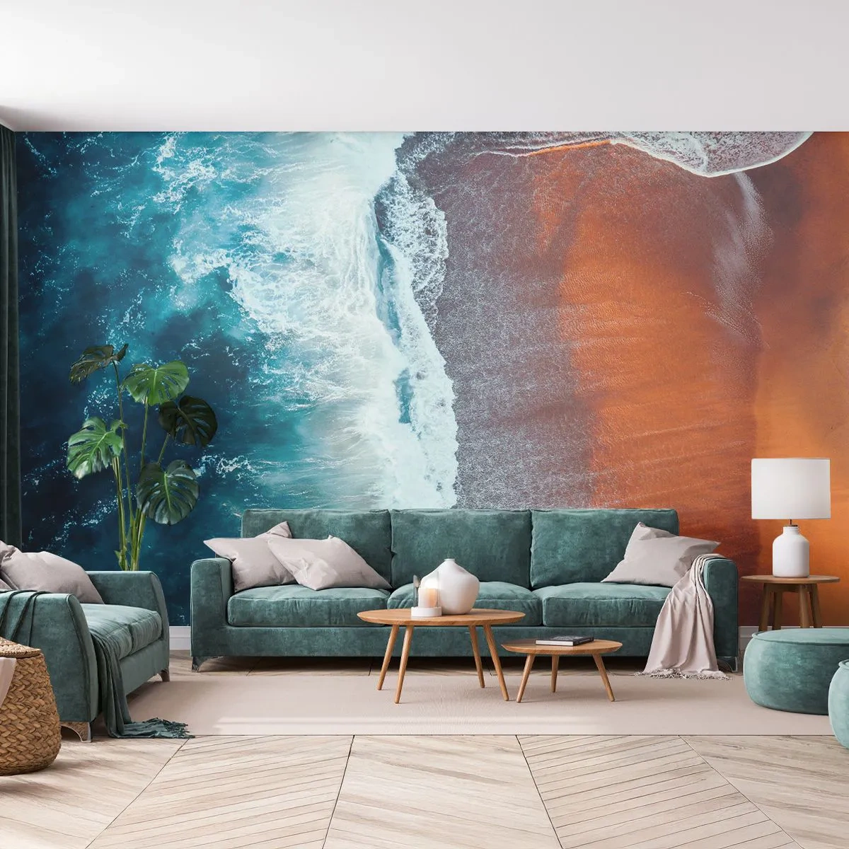 Fototapeta Premium Sand - Fale oceanu uderzające o pomarańczową plażę - 100x70cm - Dotyk oceanu - Nowoczesna dekoracja ścienna do salonu, kuchni i sypialni ARTTOR