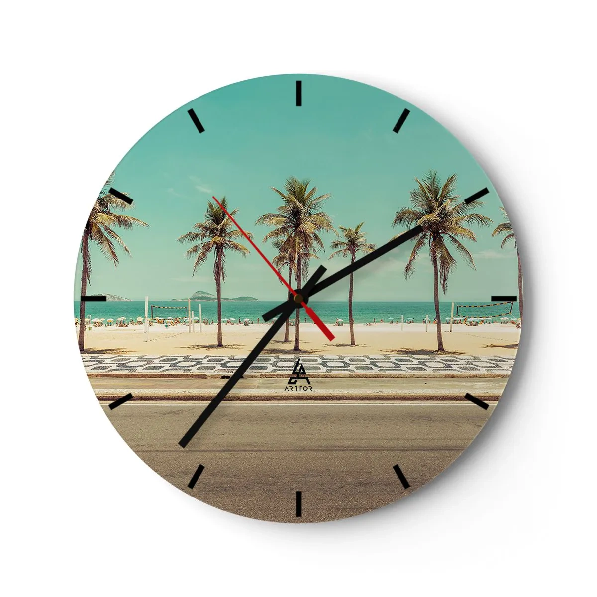 Zegar ścienny - Palmy i plaża z deptakiem przy turkusowym morzu - 30x30cm - Na straży plaży - Nowoczesna dekoracja ścienna do salonu, kuchni i sypialni ARTTOR