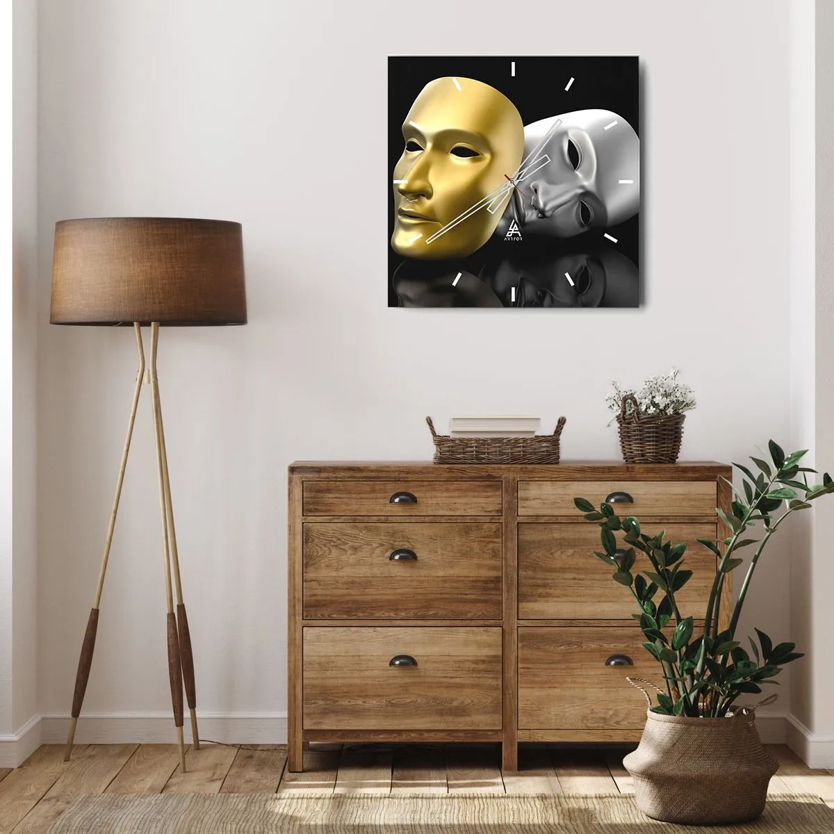 Zegar ścienny - Złota i srebrna maska na czarnym tle - 30x30cm - Życie to jest teatr - Nowoczesna dekoracja ścienna do salonu i sypialni ARTTOR
