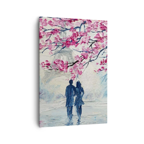Obraz na płótnie - Para pod kwitnącymi różowymi drzewami w romantycznej scenerii - 70x100cm - Romantyczny spacer - Nowoczesna dekoracja ścienna do salonu i sypialni ARTTOR