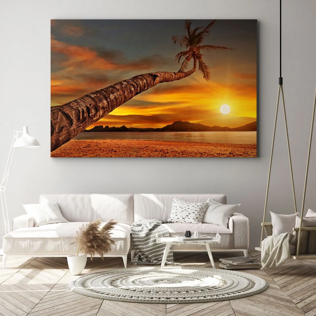 Obraz na płótnie - Palma na plaży o zachodzie słońca z widokiem na morze - 70x50cm - Egzotyczne wakacje, karaibska przygoda - Nowoczesna dekoracja ścienna do salonu i sypialni ARTTOR