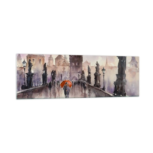 Obraz na szkle - Romantyczny widok mostu z parasolem na tle wieczornego miasta - 160x50cm - Ludzie się nie zmieniają - Nowoczesna dekoracja ścienna do salonu i sypialni ARTTOR