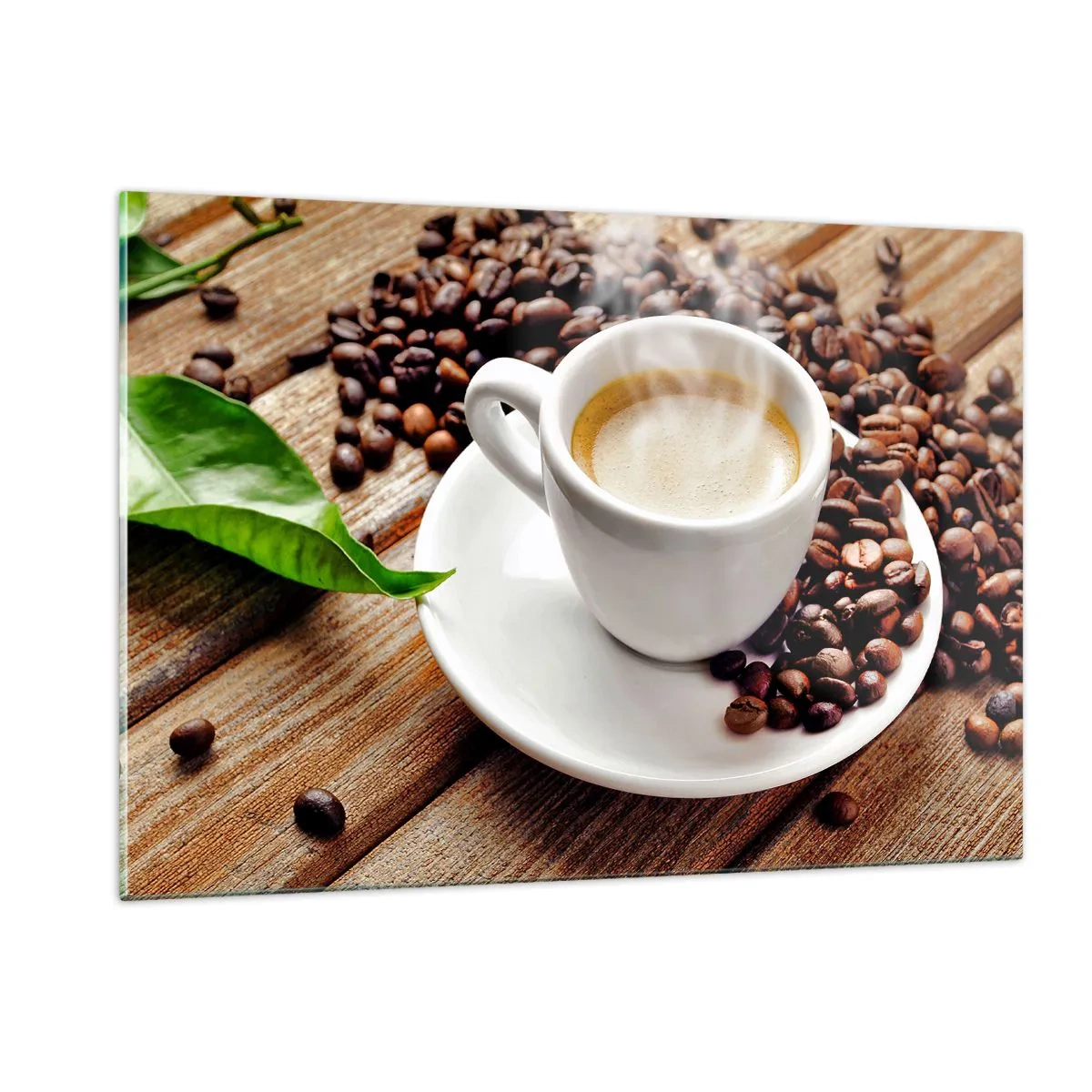 Obraz na szkle - Filiżanka kawy otoczona ziarnami na drewnianym stole - 120x80cm - Kawa na ławie - Nowoczesna dekoracja ścienna do salonu, kuchni i sypialni ARTTOR
