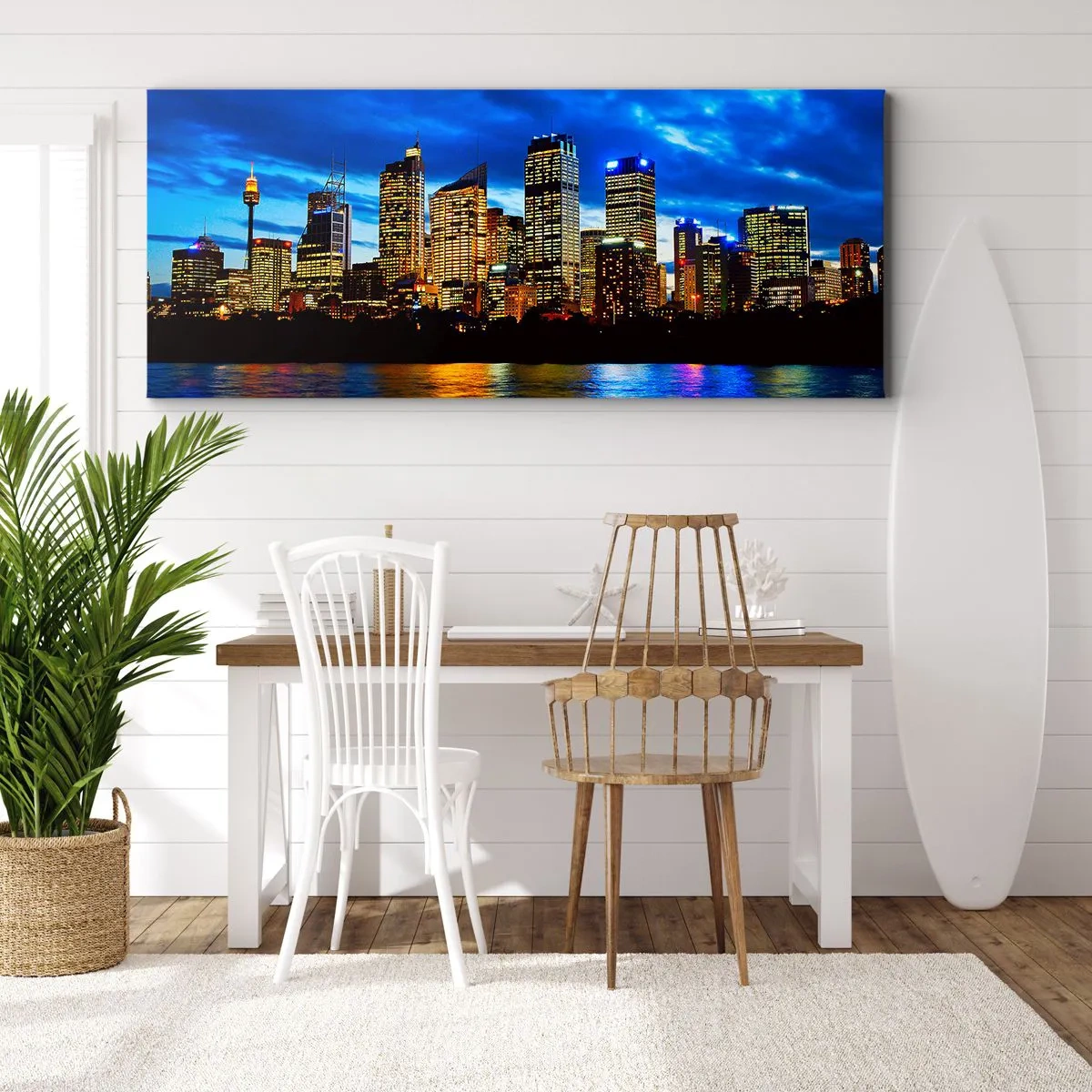 Obraz na płótnie - Panorama nocnego miasta z podświetlonymi wieżowcami nad wodą - 140x50cm - Noc świateł i barw - Nowoczesna dekoracja ścienna do salonu i sypialni ARTTOR